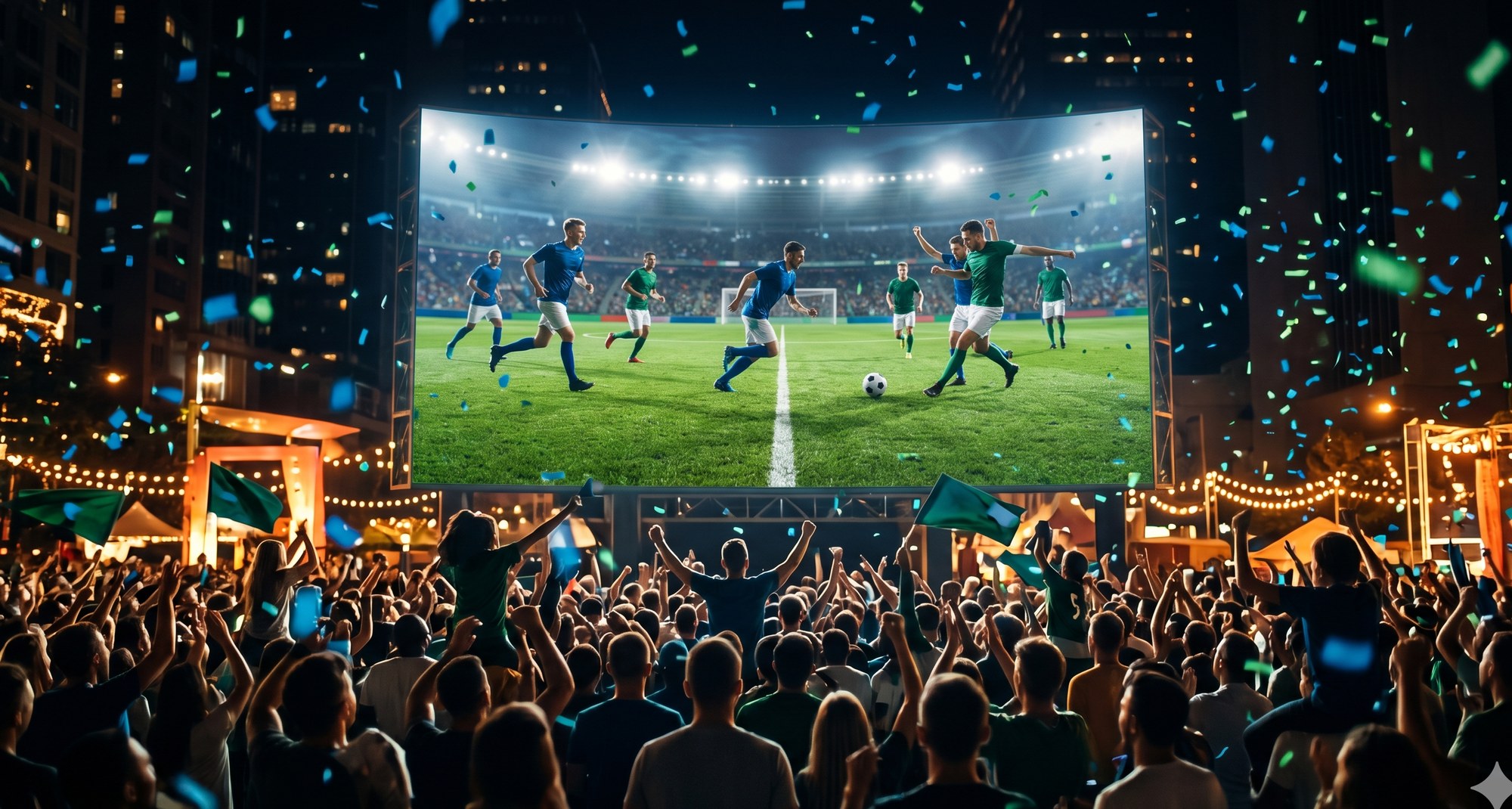 Pantalla LED gigante en una fan zone durante un partido, multitud celebrando
